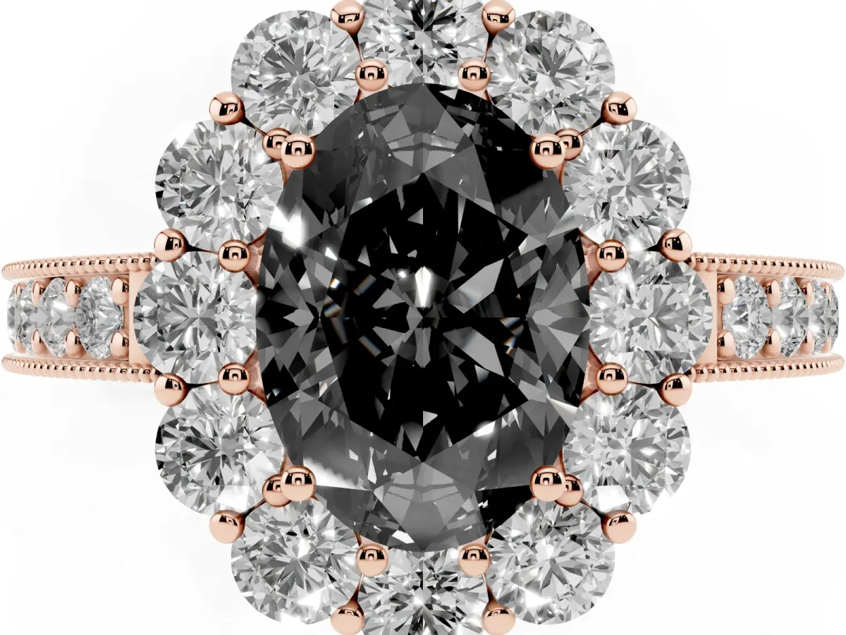 Fancy Black Oval Cut Cut Halo Diamond Pavé Engagement Ring with Milgrain Detailing Rose gold