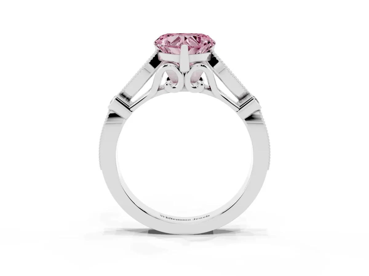 Fancy Pink Heart Cut Cut Diamond with Milgrain Marquise and Bezel Accents on a Solitaire Band with Prong Setting Platinum