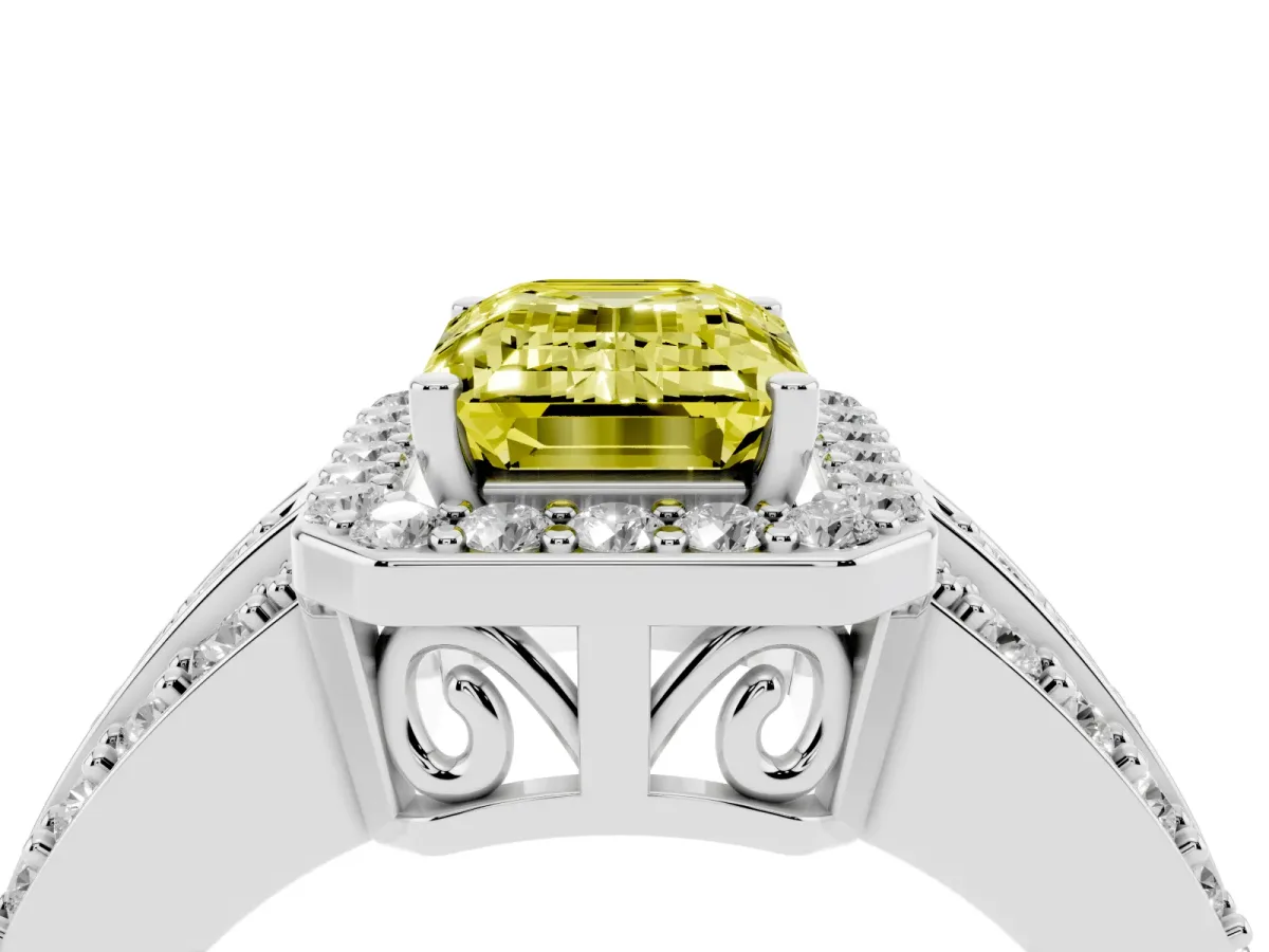 Fancy Yellow Emerald Cut Halo Diamond Ring with Round Split Shank and Prong Setting Silver