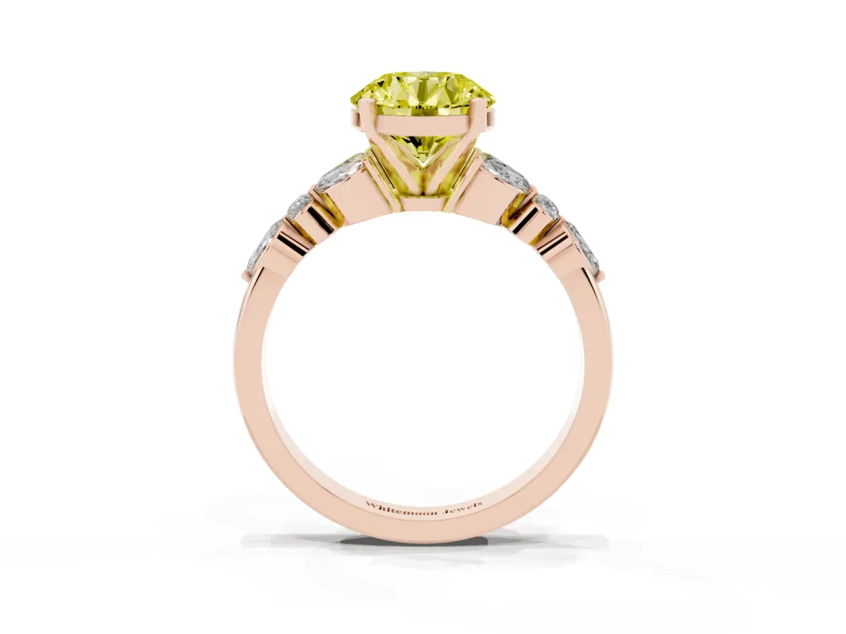 Fancy Yellow Round Cut Diamond Solitaire Ring with Side Stones and Four-Prong Setting Rose gold