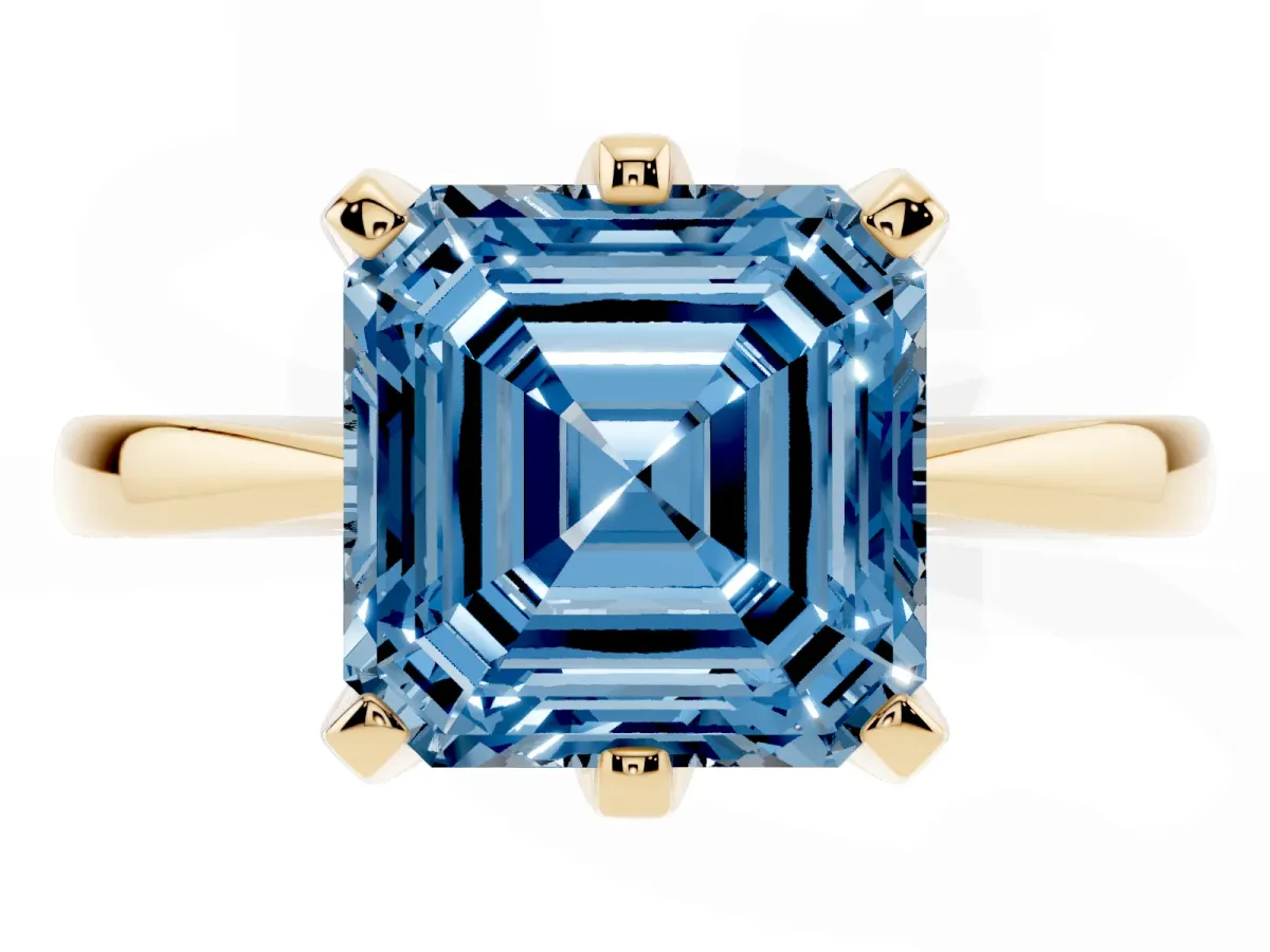 Fancy Blue Asscher Cut Solitaire Engagement Ring with Six-Prong Setting and Tapered Band Yellow gold