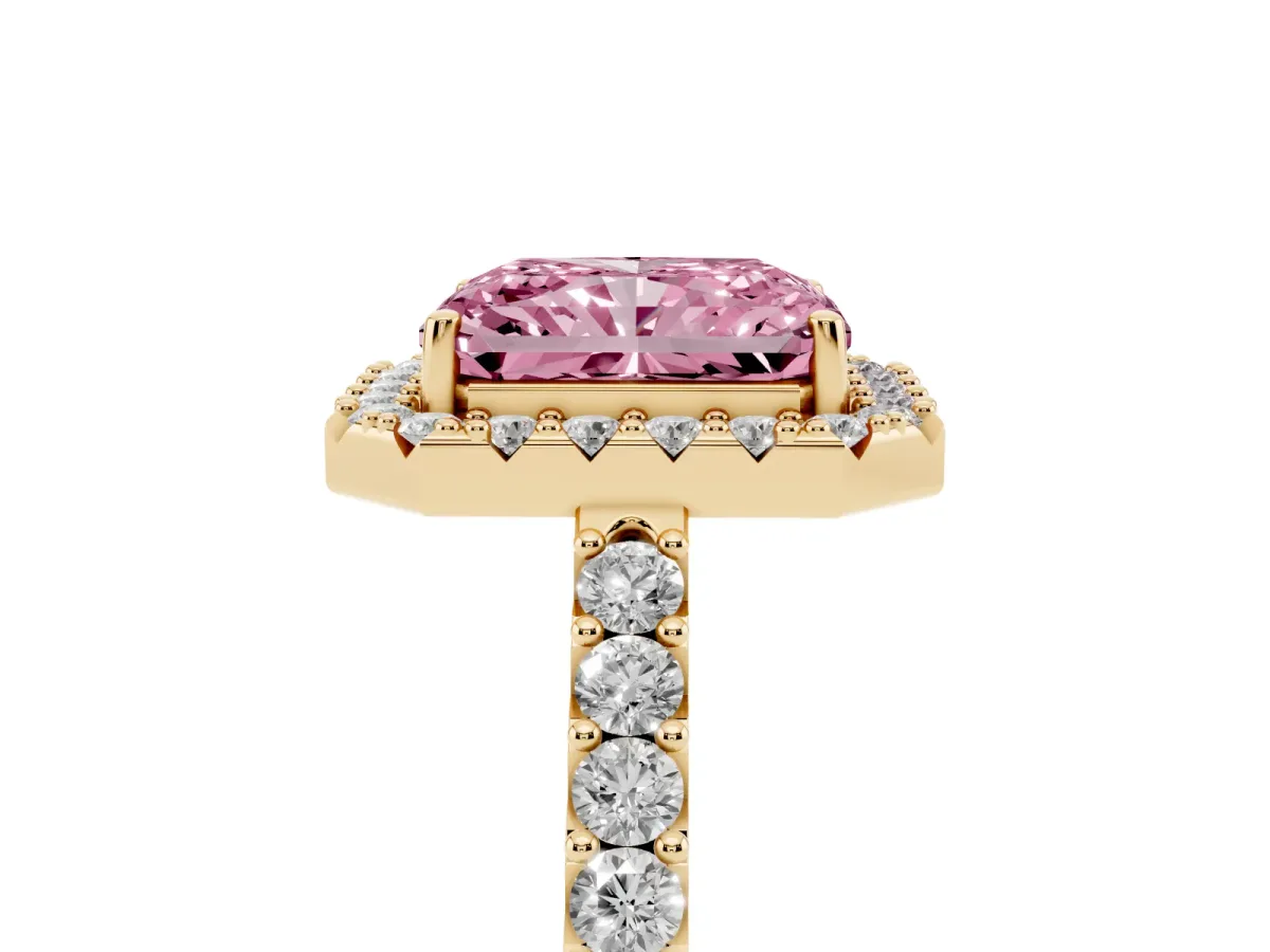 Fancy Pink Radiant Cut Halo Diamond Pavé Solitaire Ring Yellow gold