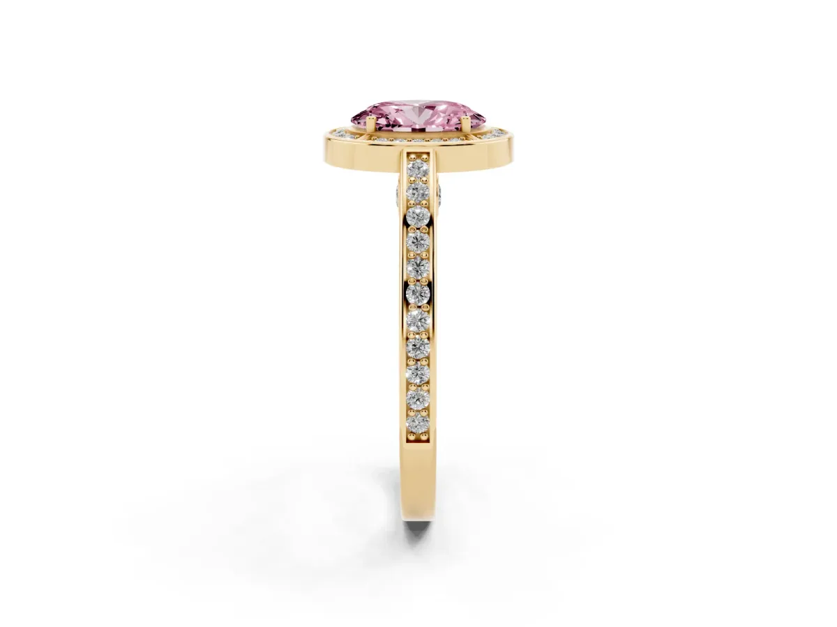 Fancy Pink Oval Cut Cut Halo Pave Split Shank Prong Setting Ring Yellow gold