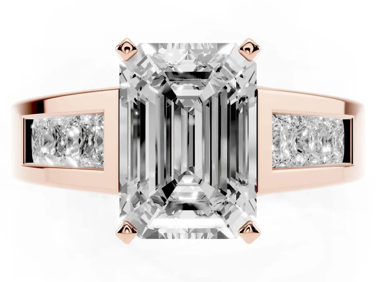 Emerald Cut Cut Channel Set Solitaire Ring with Four-Prong Setting Rose gold