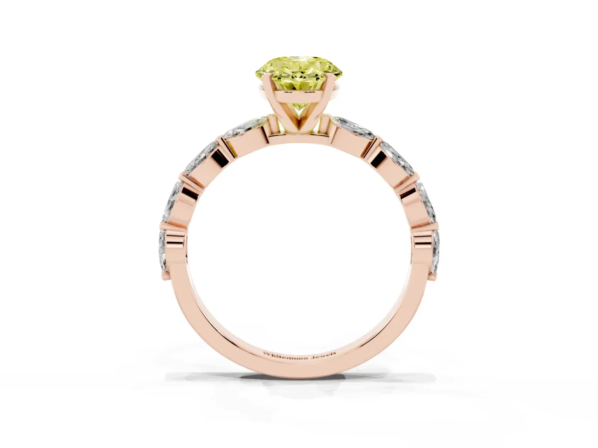 Fancy Yellow Oval Cut Diamond Ring with Marquise Side Stones and Prong Setting Rose gold
