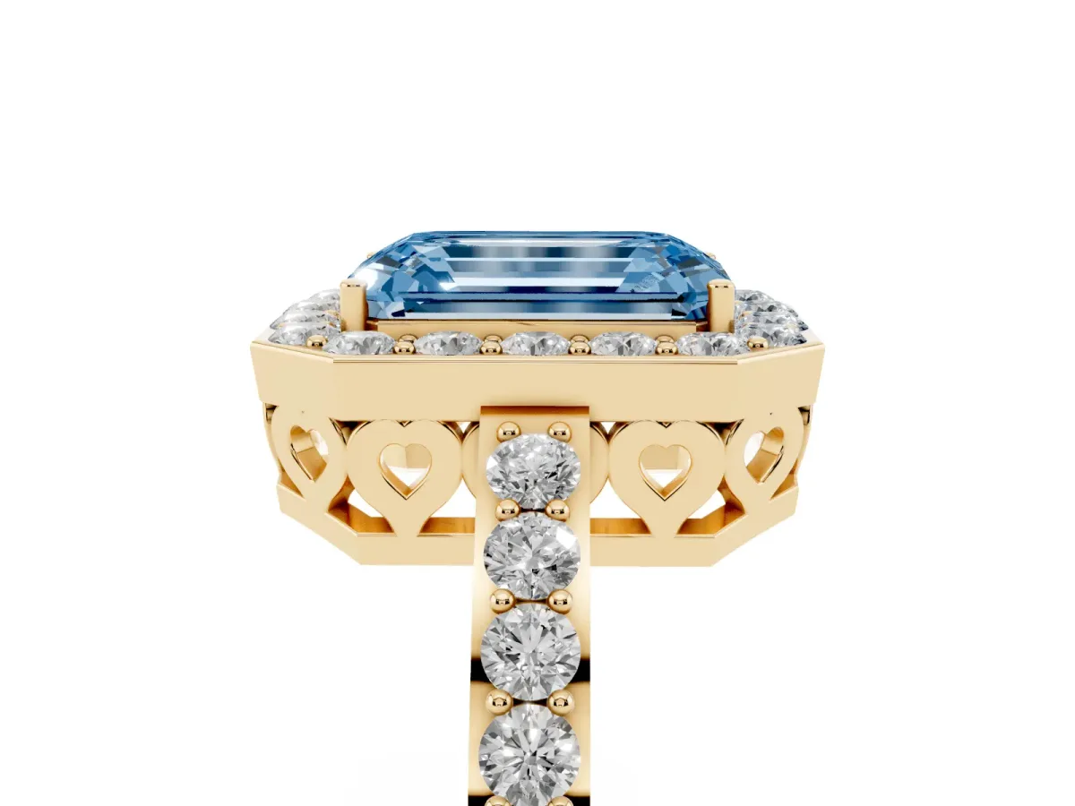 Fancy Blue Emerald Cut Halo Diamond Pavé Band Ring with Prong Setting Yellow gold