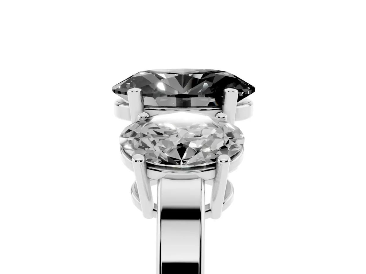 Fancy Black Three-Stone Oval Cut Cut Diamond Engagement Ring with Flat Band and Four-Prong Setting Silver