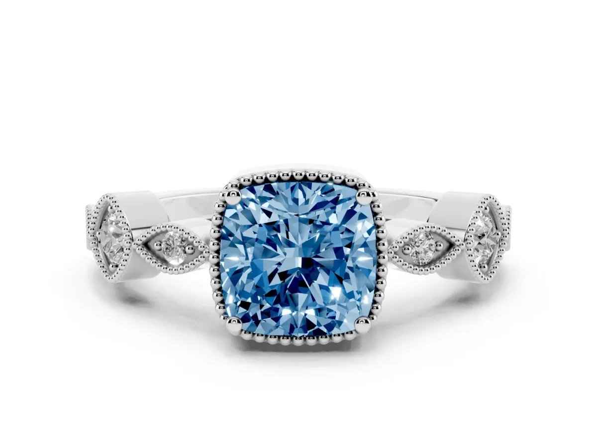 Fancy Blue Cushion Cut Diamond Vintage Milgrain Ring with Round Stations Platinum