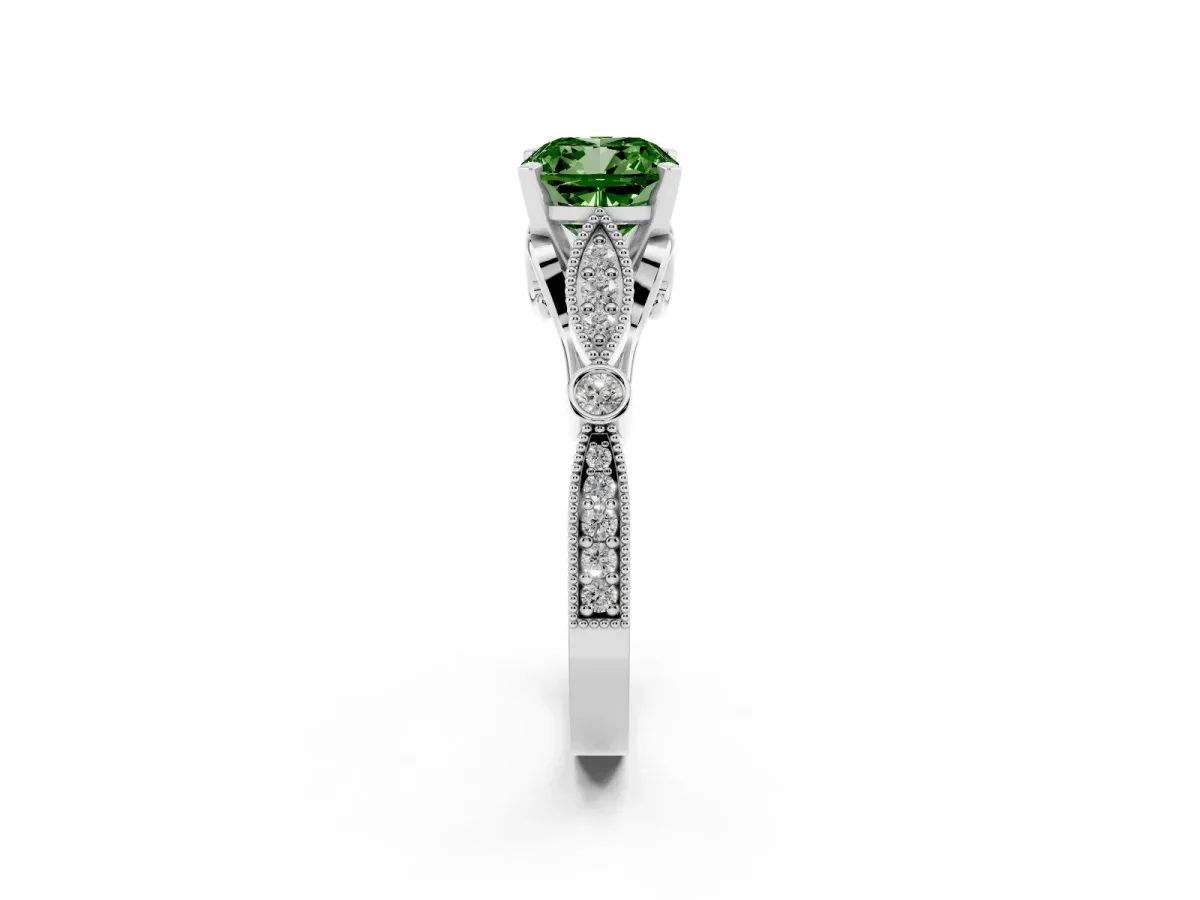 Fancy Green Cushion Cut Cut Diamond with Milgrain Marquise and Bezel Accents on a Solitaire Band with Prong Setting White gold