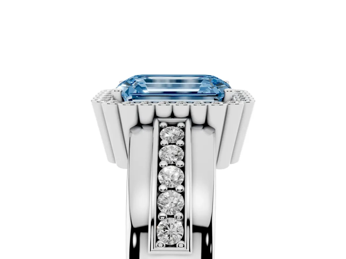 Fancy Blue Emerald Cut Cut Halo Pave Band Four-Prong Ring Silver