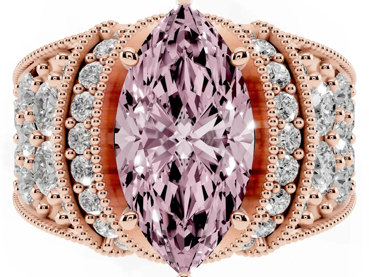 Fancy Pink Marquise Cut Halo Pave Diamond Engagement Ring with Milgrain Detailing Rose gold