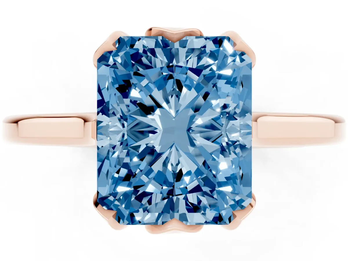 Fancy Blue Radiant Cut Diamond Solitaire Ring with Flower Prong Setting and Classic Band Rose gold