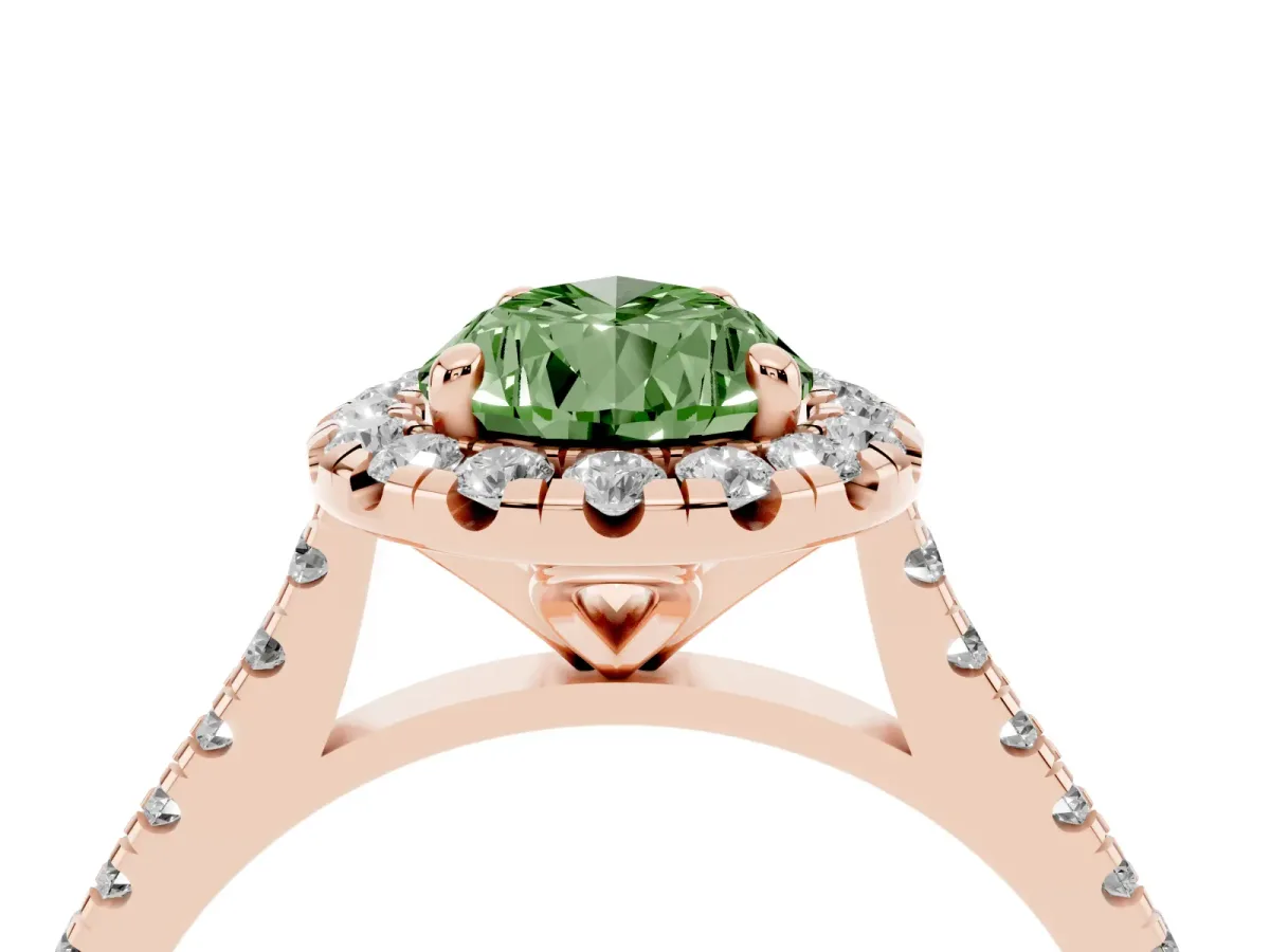 Fancy Green Pear Cut Diamond Cushion Halo Ring with Pavé Band Rose gold