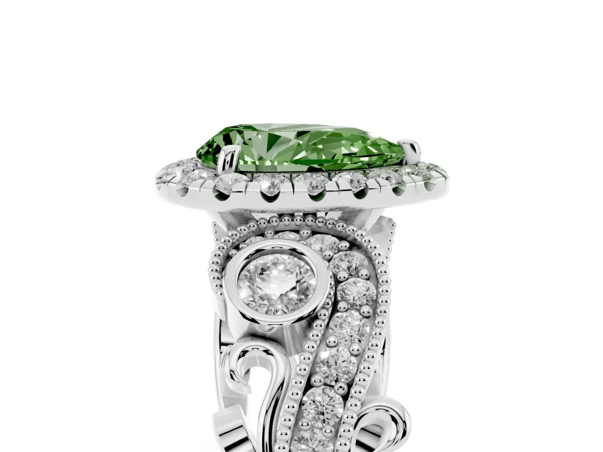 Fancy Green Pear Cut Halo Diamond Ring with Milgrain and Bezel Accents on a Split Shank Band White gold
