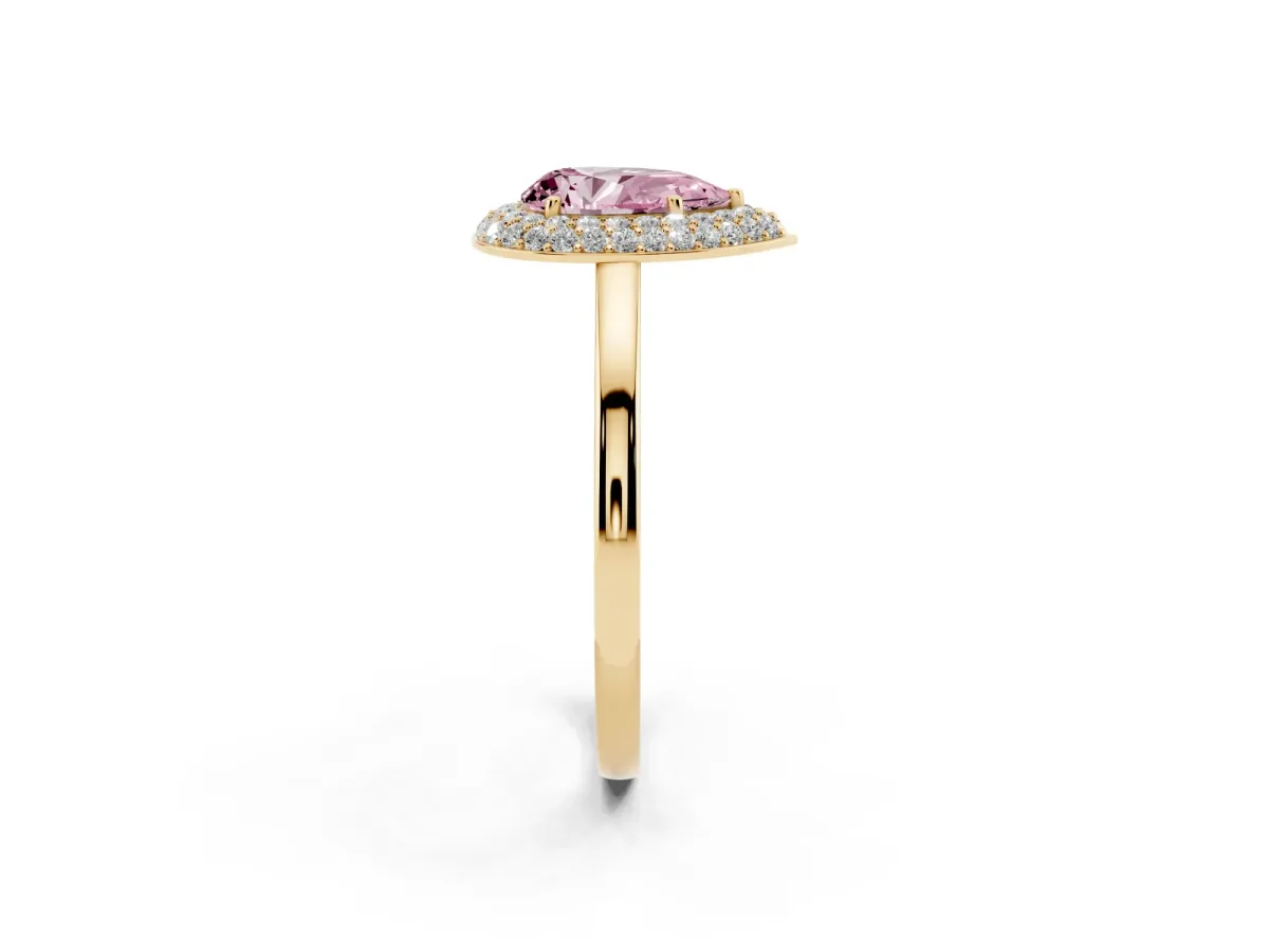 Fancy Pink Pear Cut Halo Diamond Engagement Ring with Solitaire Band and Four-Prong Setting Yellow gold