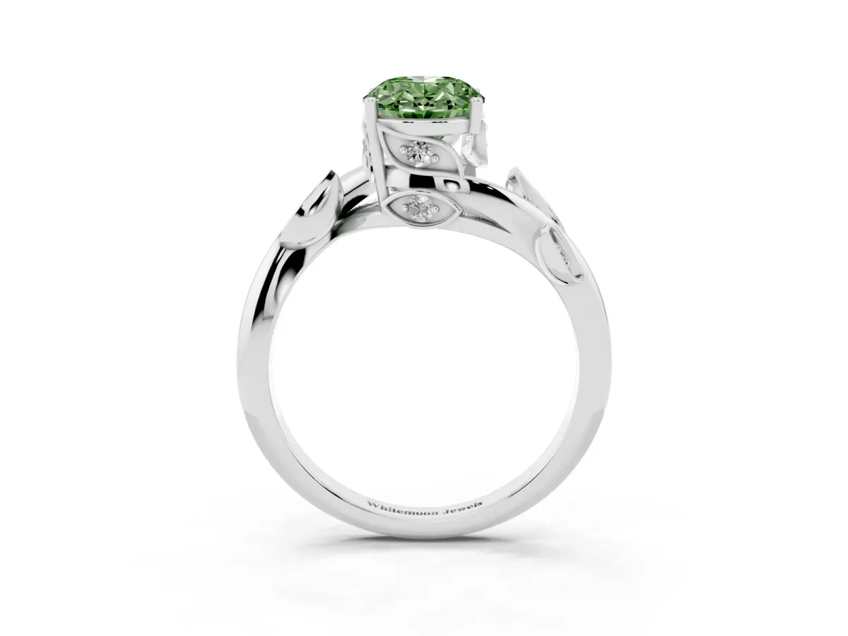 Fancy Green Oval Cut Solitaire Twist Engagement Ring with Leaf Accents and Prong Setting Silver