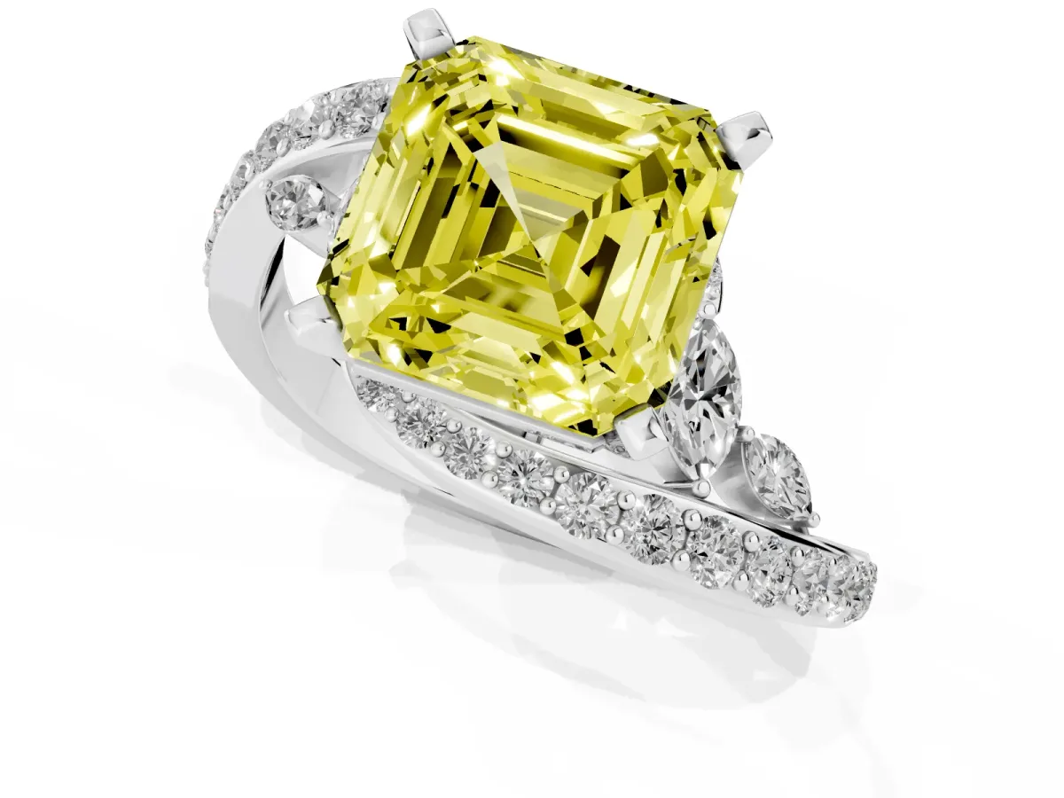 Fancy Yellow Asscher Cut Solitaire with Pavé Twist Band and Four-Prong Setting Platinum