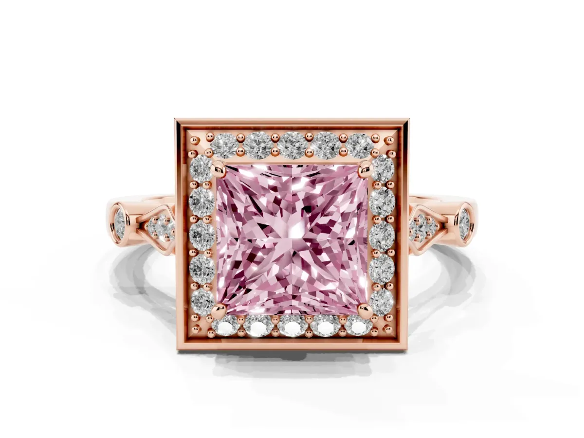 Fancy Pink Princess Cut Halo Diamond Engagement Ring with Twisted Band and Four-Prong Setting Rose gold
