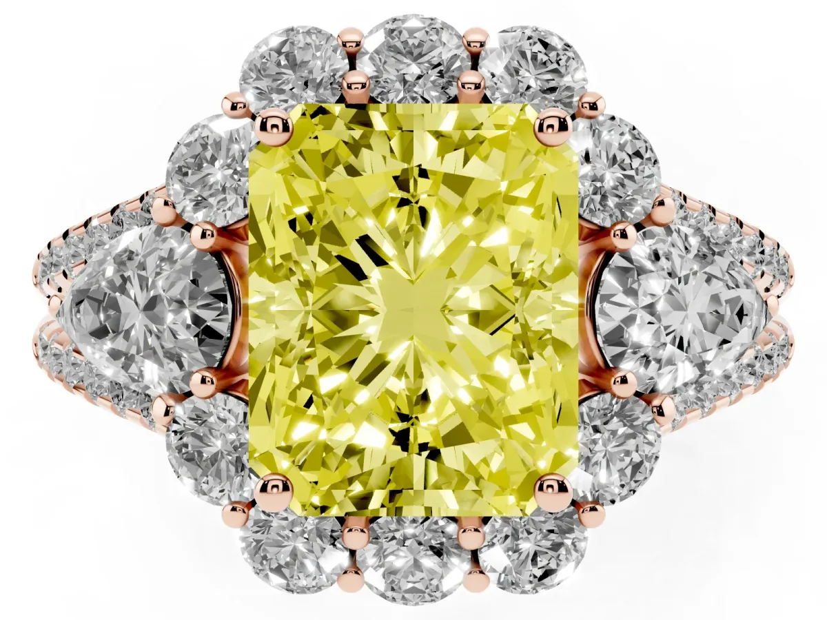 Fancy Yellow Radiant Cut Halo Split Shank Diamond Engagement Ring with Prong Setting Rose gold