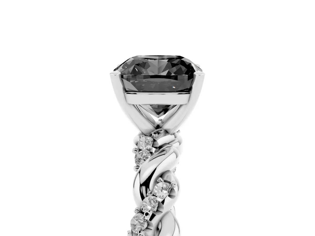 Fancy Black Cushion Cut Diamond Solitaire Ring with Twisted Band and Pavé Accents White gold