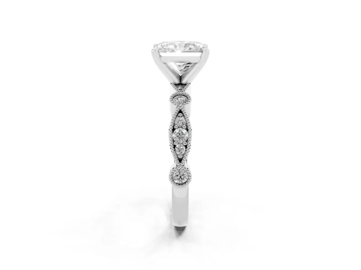 Radiant Cut Milgrain Bezel Diamond Engagement Ring with Solitaire Prong Setting Silver