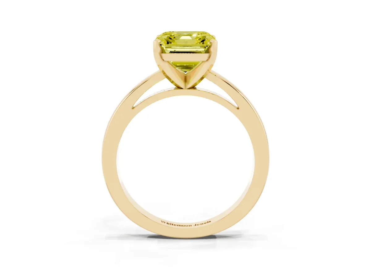 Fancy Yellow Asscher Cut Solitaire Diamond Engagement Ring with Four-Prong Setting on a Classic Band Yellow gold