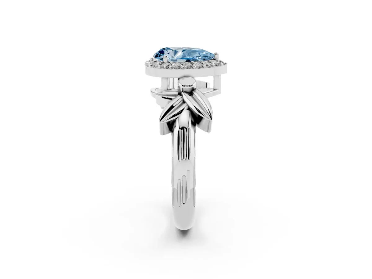 Fancy Blue Pear Cut Halo Diamond Floral Band with Four-Prong Setting Silver