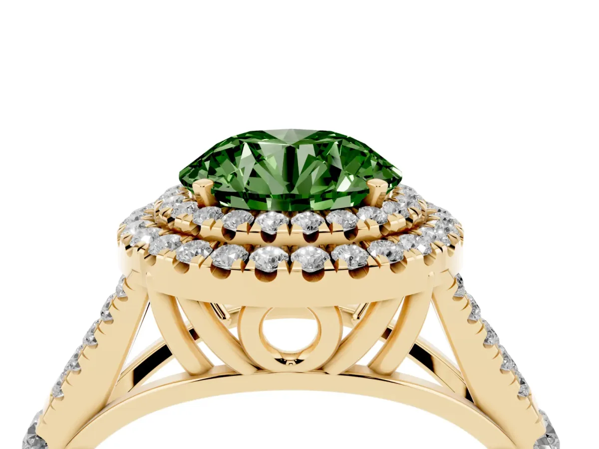 Fancy Green Double Halo Round Cut Diamond Split Shank Engagement Ring with Four-Prong Setting Yellow gold