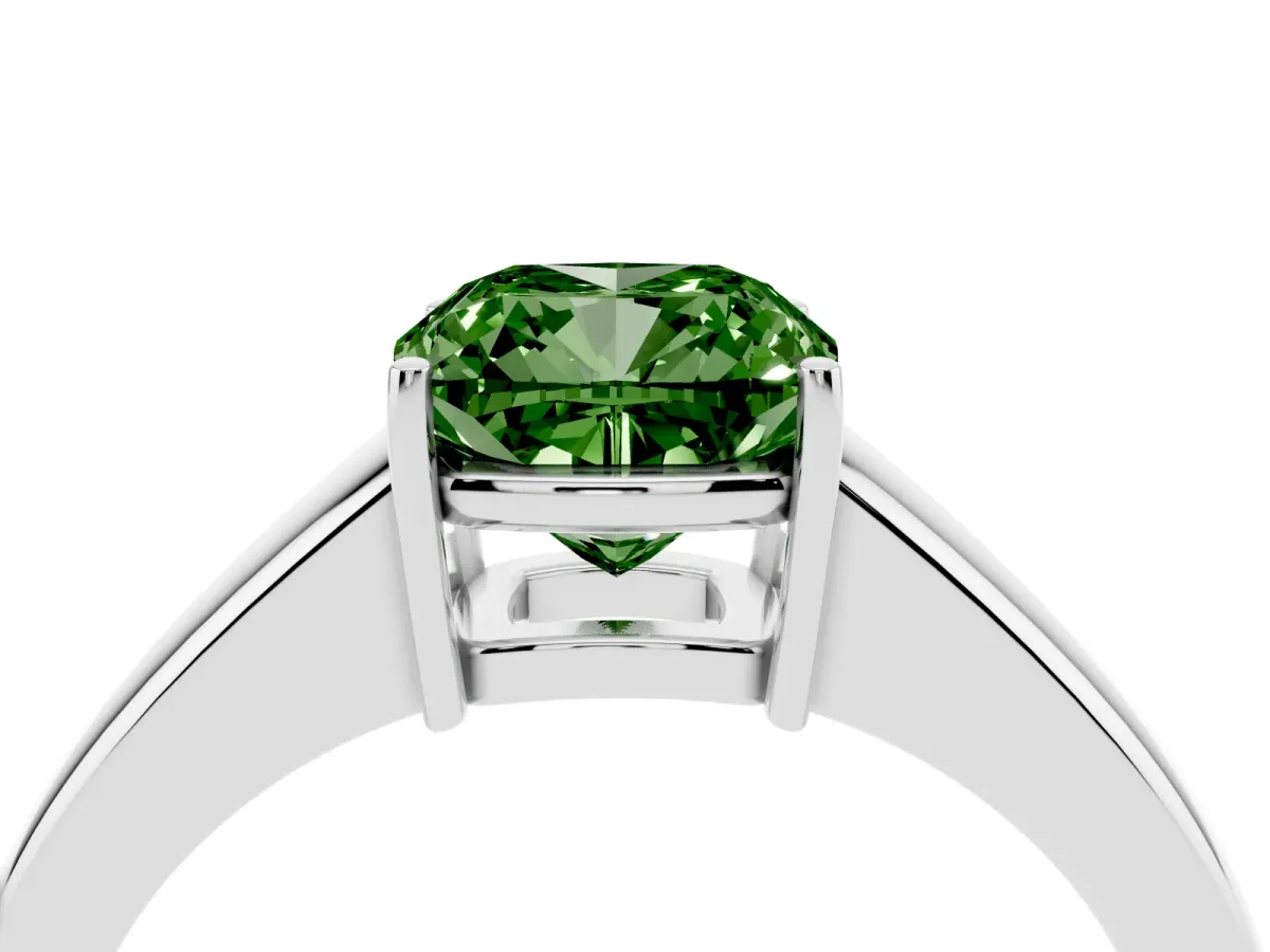 Fancy Green Cushion Cut Solitaire Diamond Ring with Tapered Band and Four-Prong Setting Silver