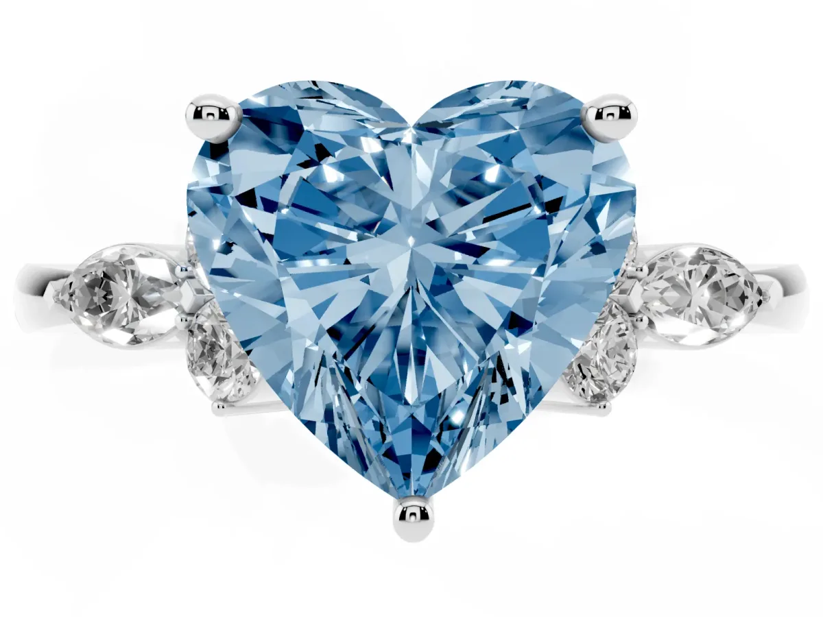 Fancy Blue Heart Cut Brilliant Diamond Solitaire Ring with Pear Side Stones and Four-Prong Setting Silver