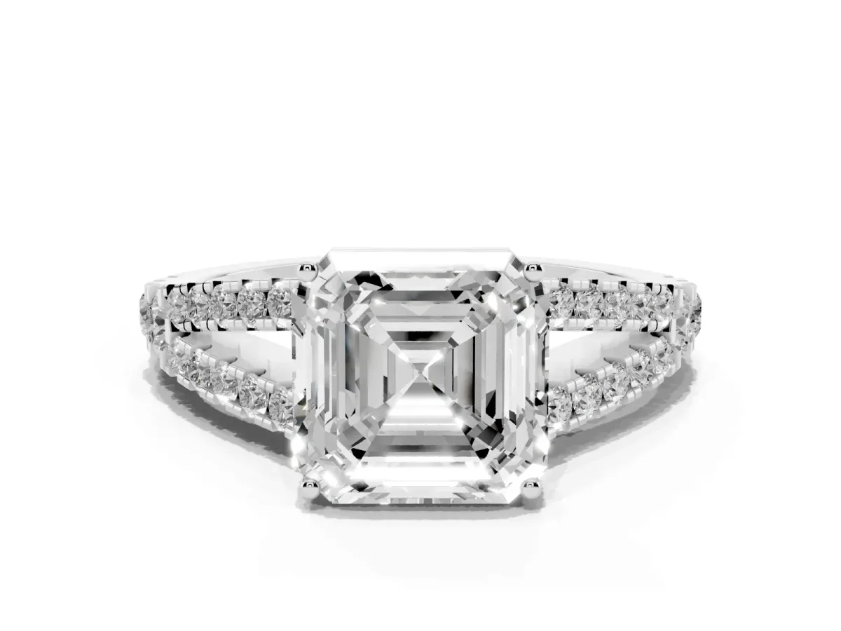 Asscher Cut Diamond Split Shank Engagement Ring with Round Pavé and Prong Setting Platinum