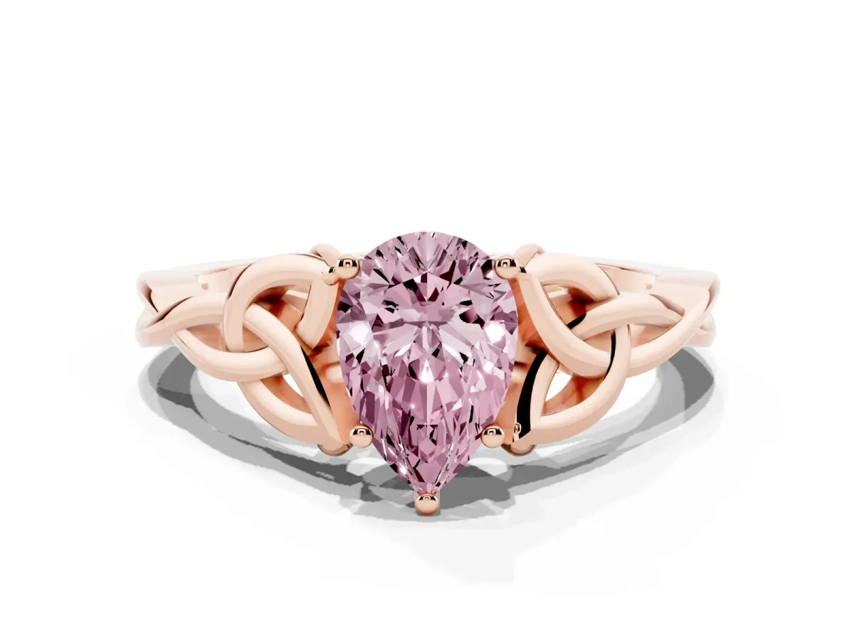Fancy Pink Pear Cut Diamond Solitaire Engagement Ring with Celtic Knot Band and Four-Prong Setting Rose gold