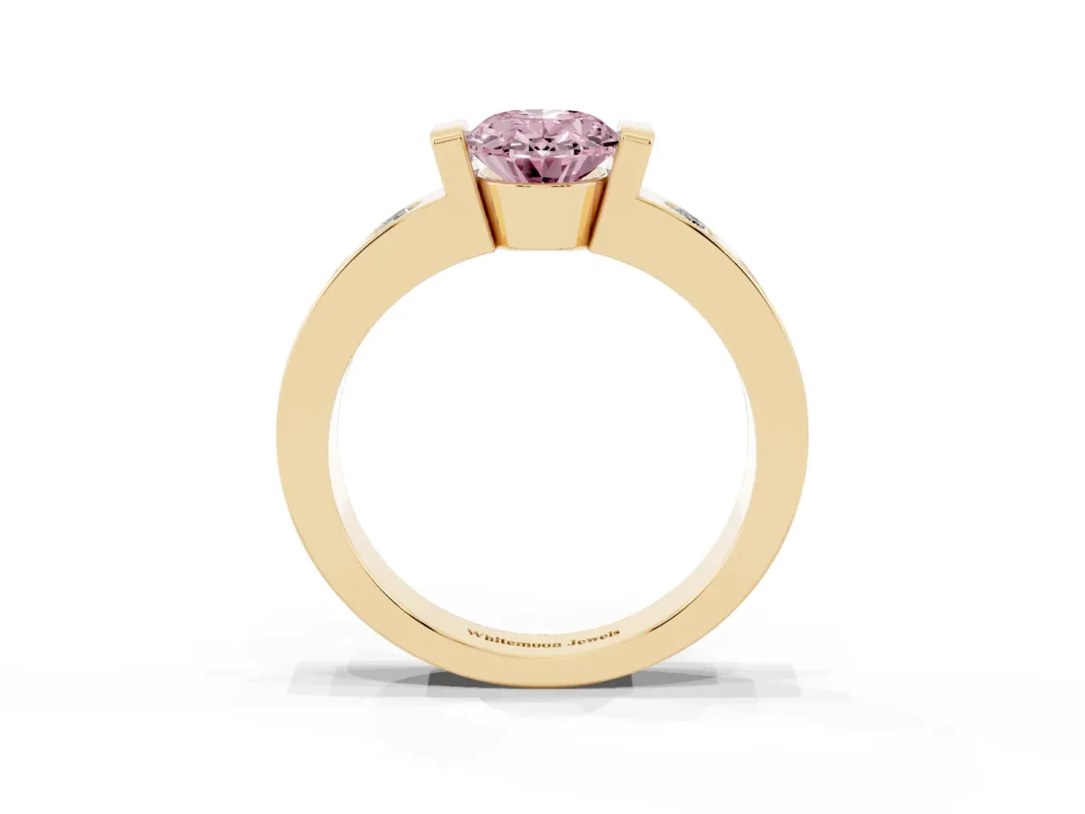 Fancy Pink Oval Cut Brilliant Channel-Set Diamond Ring with Bezel Prong Setting Yellow gold
