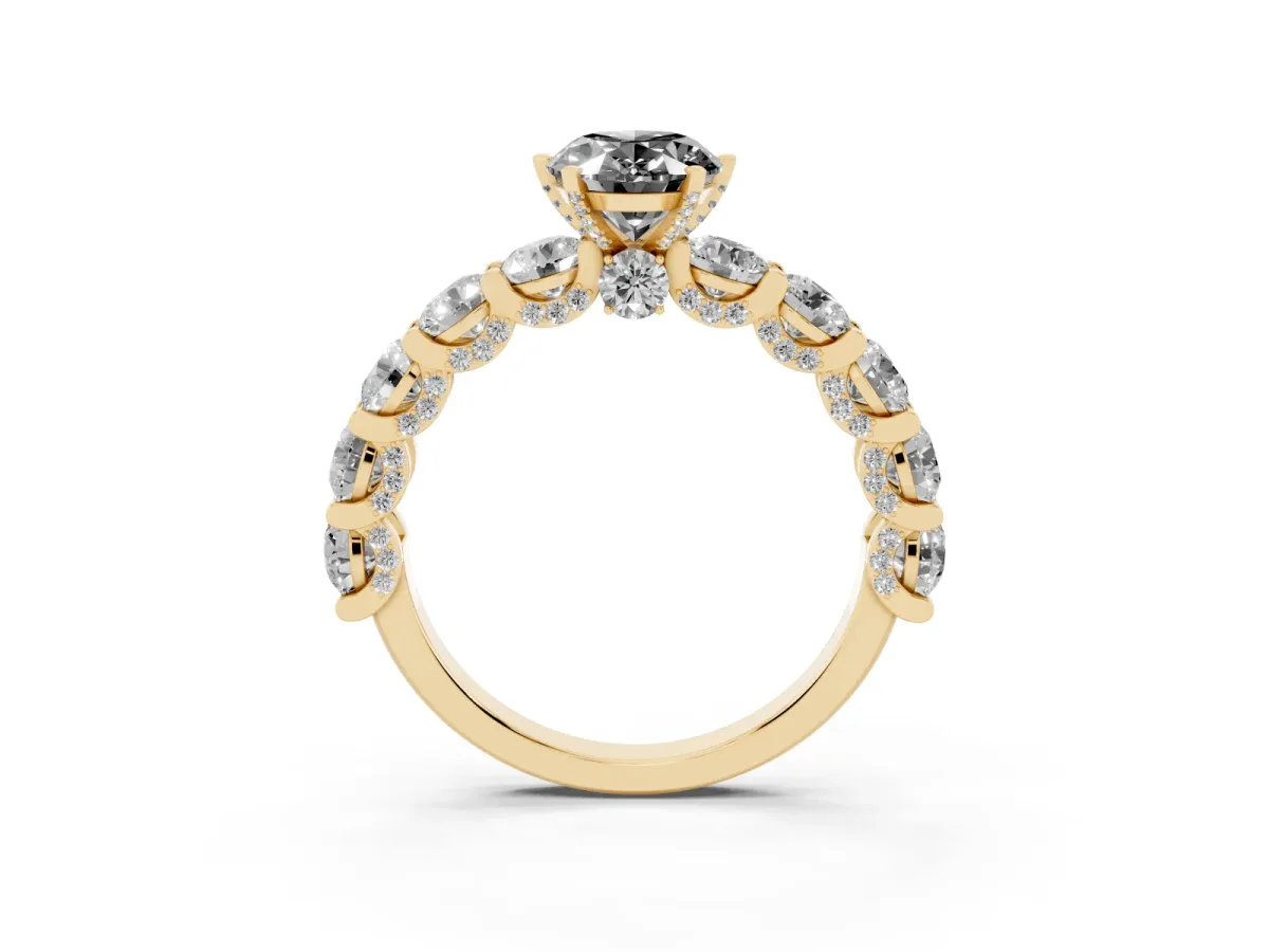 Fancy Black Oval Cut Diamond Side Stone Engagement Ring with Four-Prong Setting Yellow gold