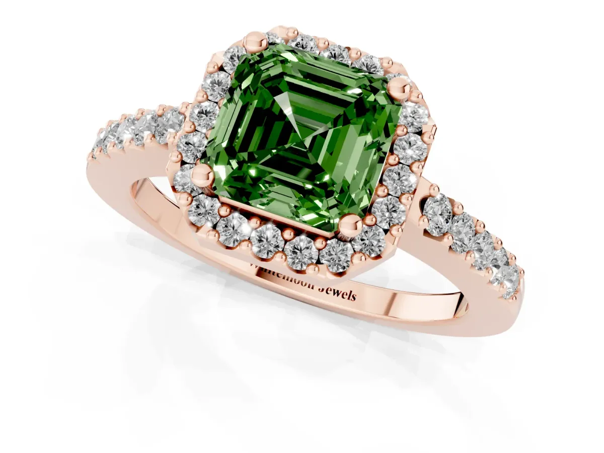 Fancy Green Asscher Cut Halo Diamond Pavé Solitaire Ring Rose gold