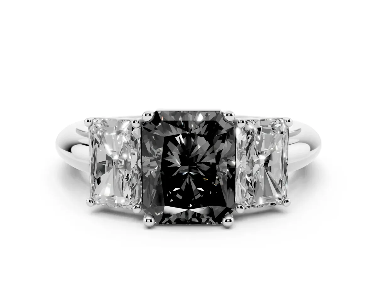 Fancy Black Three-Stone Radiant Cut Cut Diamond Engagement Ring with Prong Setting on a White Gold Band Silver