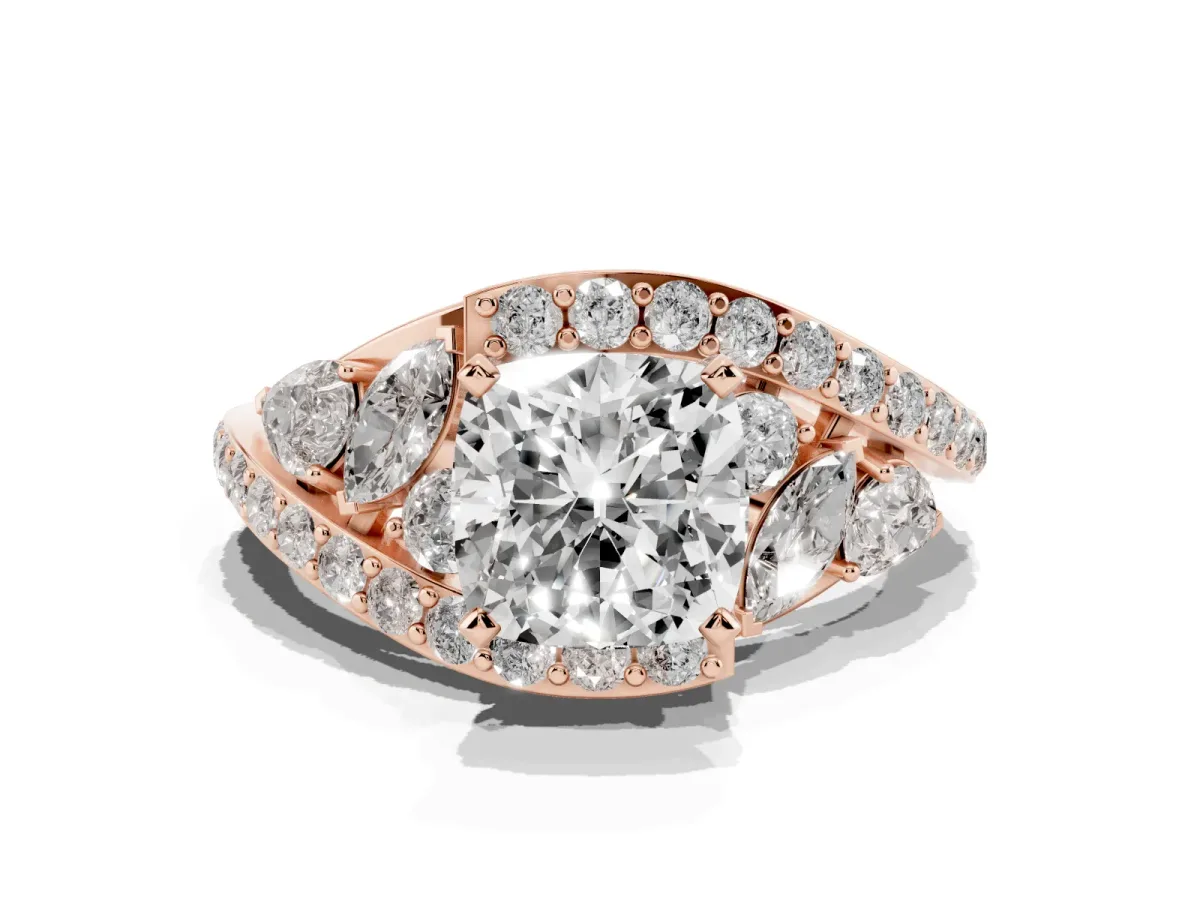 Cushion Cut Diamond Halo Ring with Marquise and Pavé Band in Prong Setting Rose gold