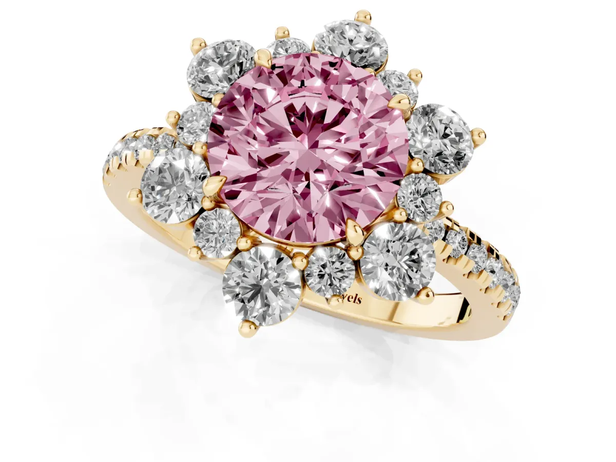 Fancy Pink Round Cut Diamond Floral Halo Ring with Round Pavé Band and Prong Setting Yellow gold