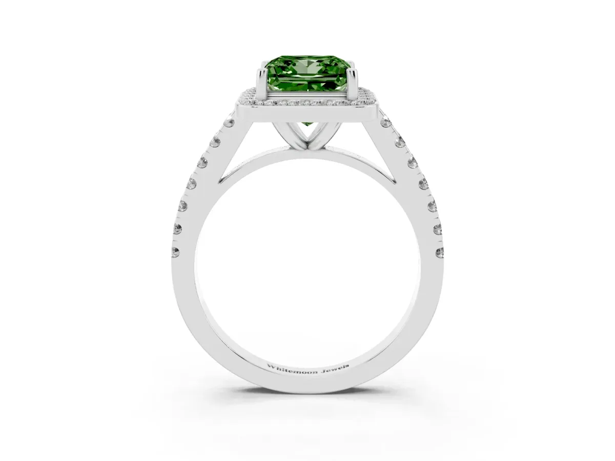 Fancy Green Princess Cut Diamond Halo Ring with Round Pavé Split Shank and Prong Setting White gold