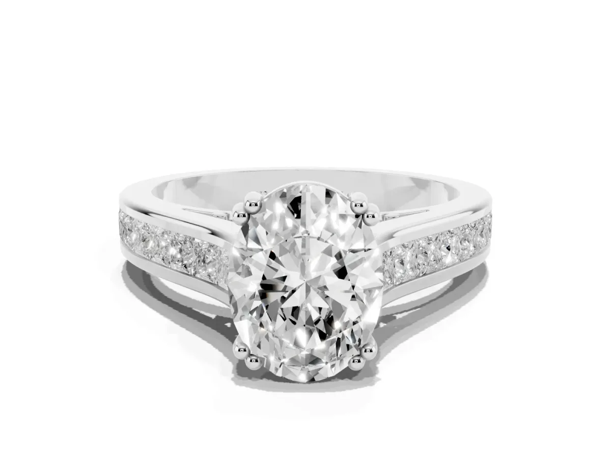 Oval Cut Cut Channel Set Solitaire Engagement Ring with Prong Setting Silver