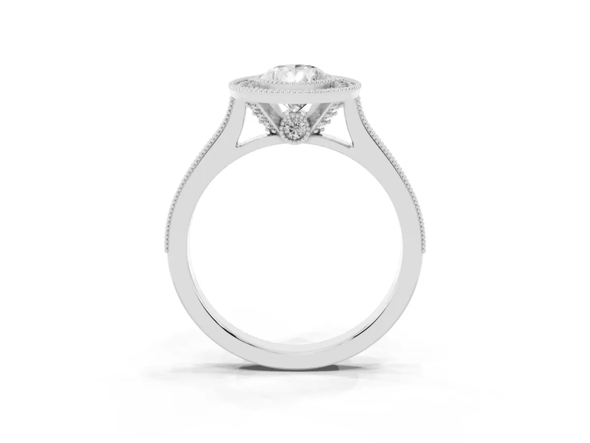 Halo Pear Cut-Cut Diamond Pave Band Milgrain Prong Setting Ring Silver
