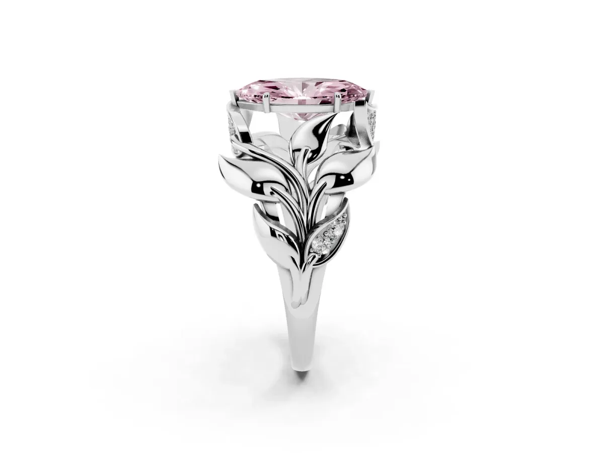 Fancy Pink Marquise Cut Diamond Leaf-Inspired Engagement Ring with Round Accents and Prong Setting Silver