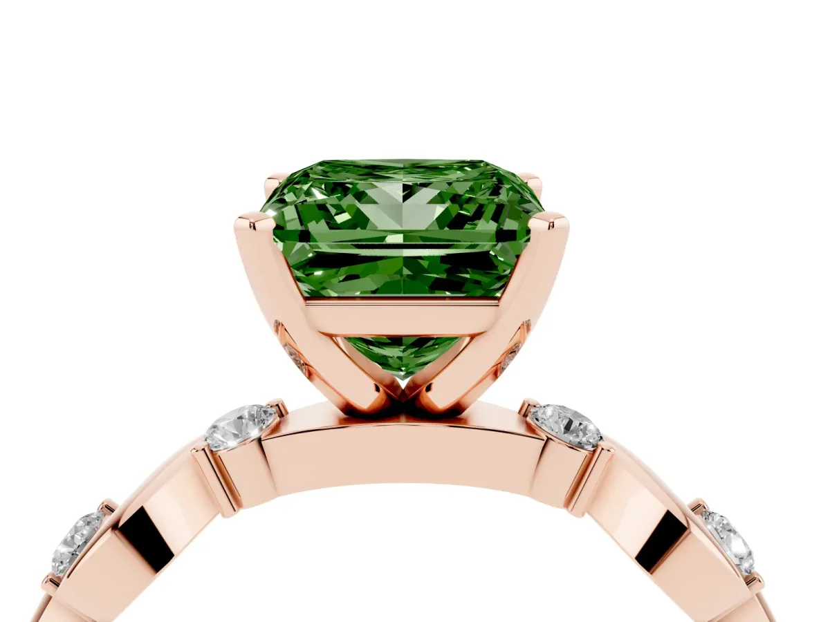 Fancy Green Princess Cut Diamond Solitaire Twisted Band with Round Accents and Prong Setting Rose gold