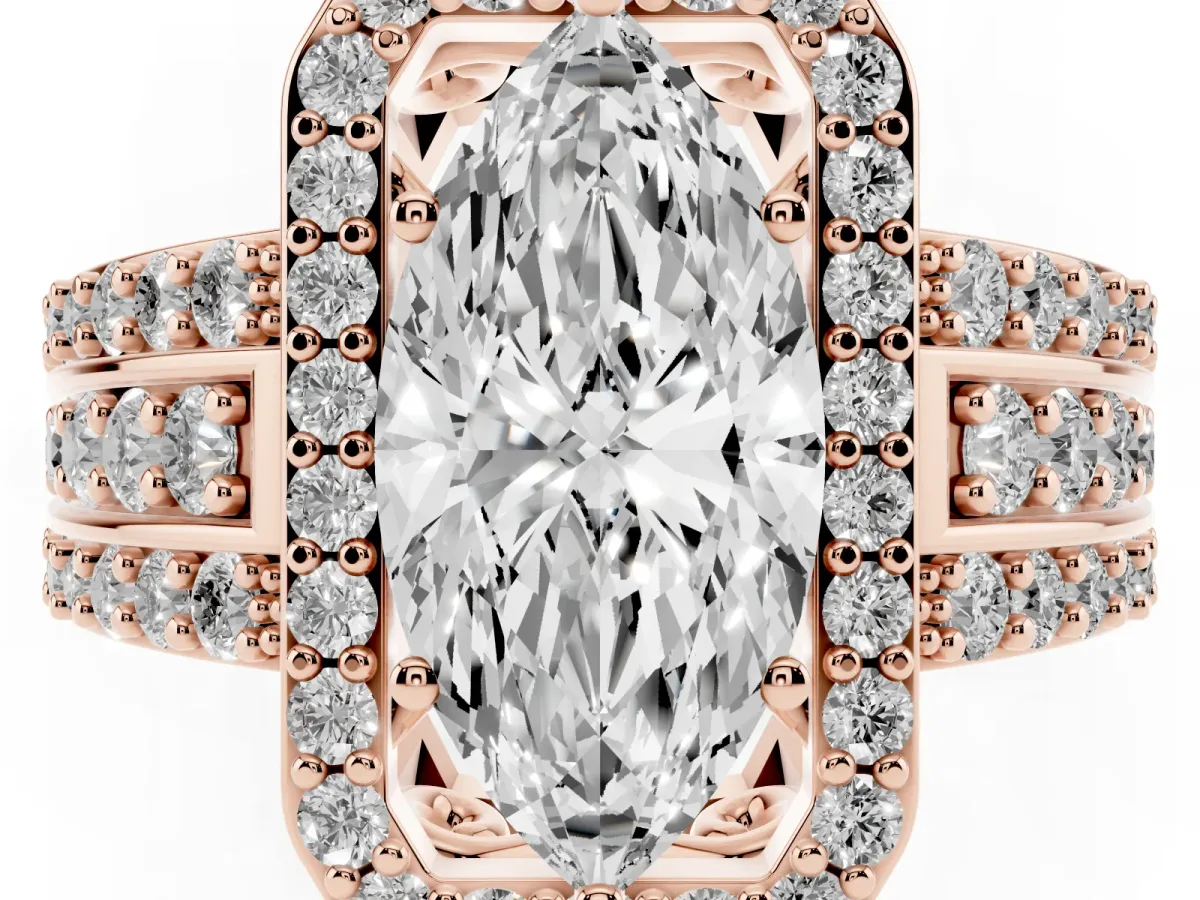 Marquise Cut Halo Diamond Ring with Round Split Shank and Prong Setting Rose gold