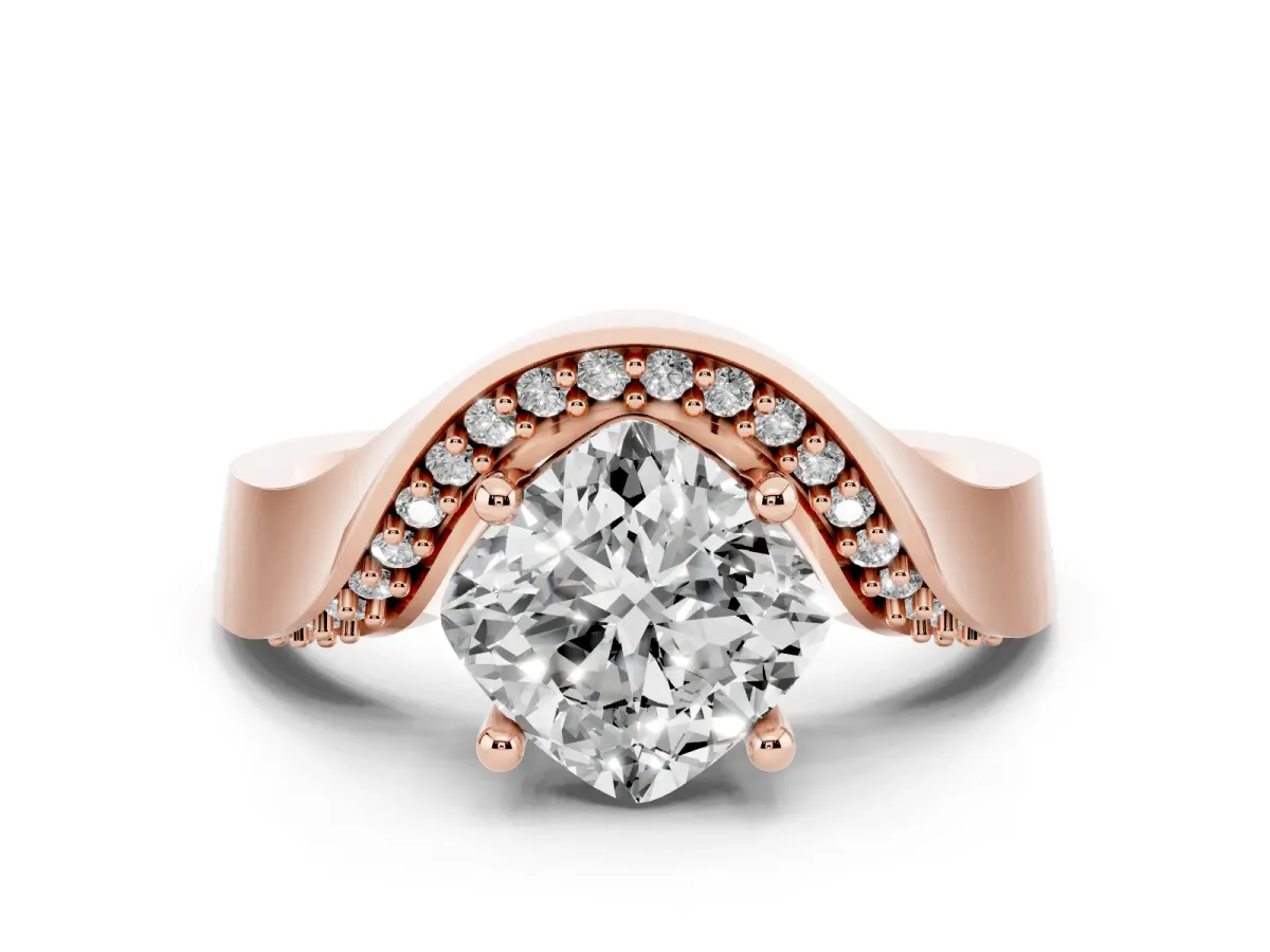 Cushion Cut Solitaire Diamond Engagement Ring with Pave Band and Four-Prong Setting Rose gold