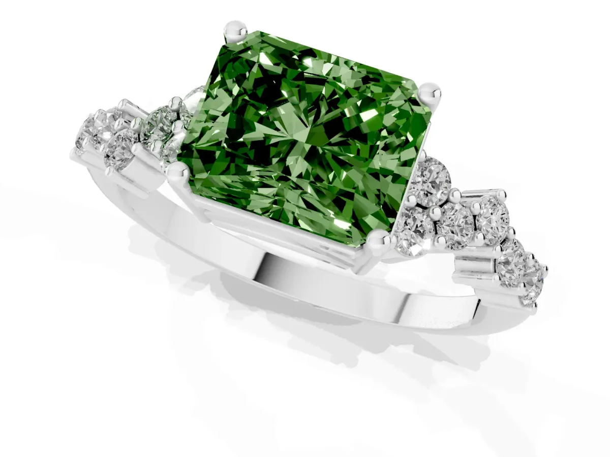 Fancy Green Radiant Cut Diamond Scattered Round Accent Ring with Prong Setting White gold