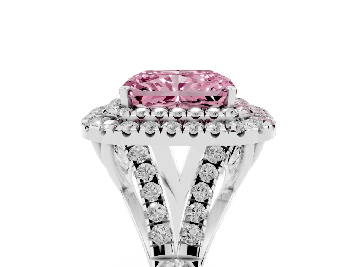 Fancy Pink Radiant Cut Diamond Pavé Split Shank Double Halo Engagement Ring Silver