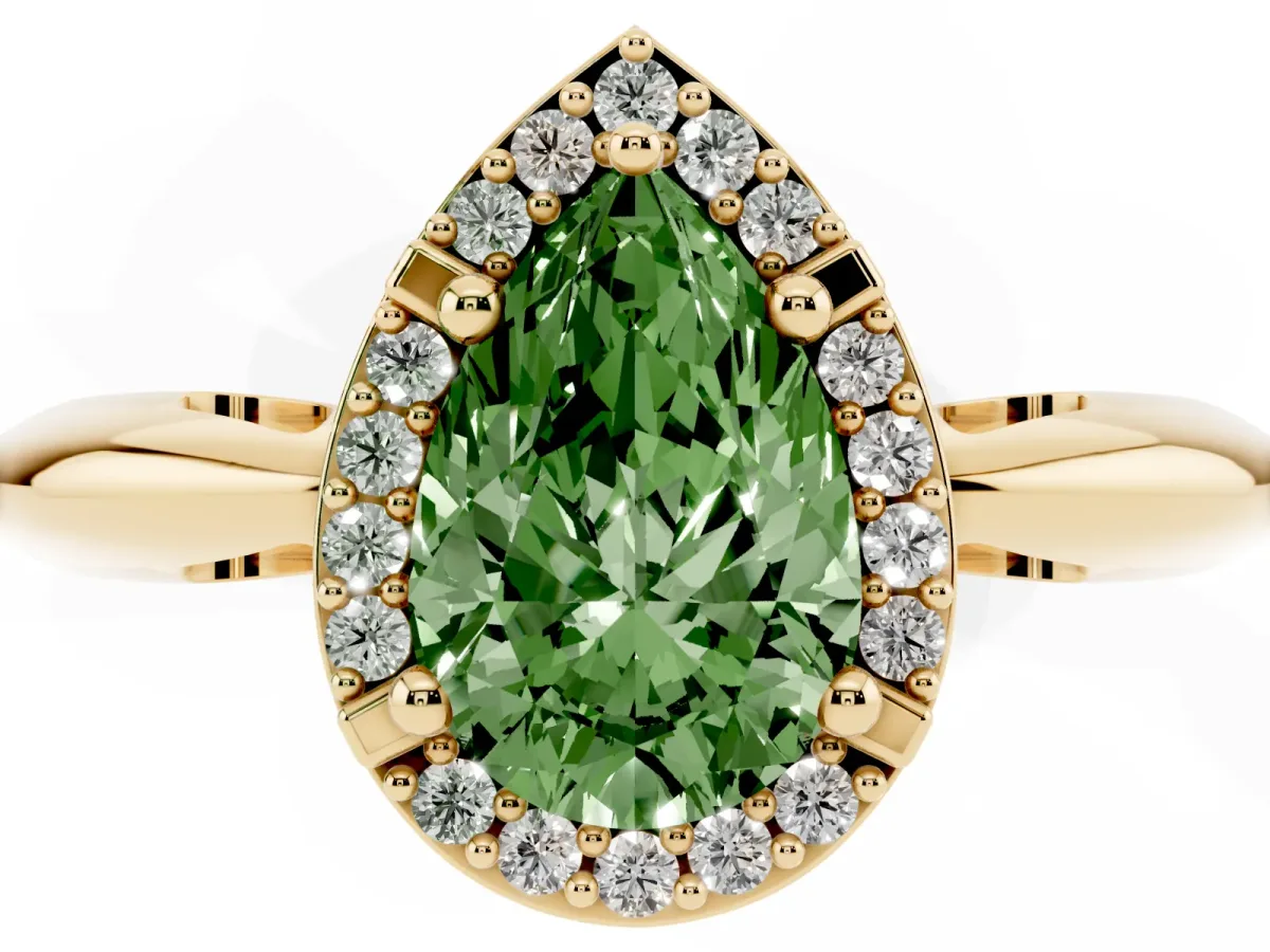 Fancy Green Pear Cut Cut Diamond Halo Engagement Ring with Split Shank and Four-Prong Setting Yellow gold