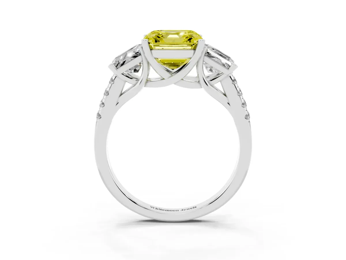 Fancy Yellow Three-Stone Asscher Cut Diamond Ring with Round Pavé Band and Prong Setting Silver