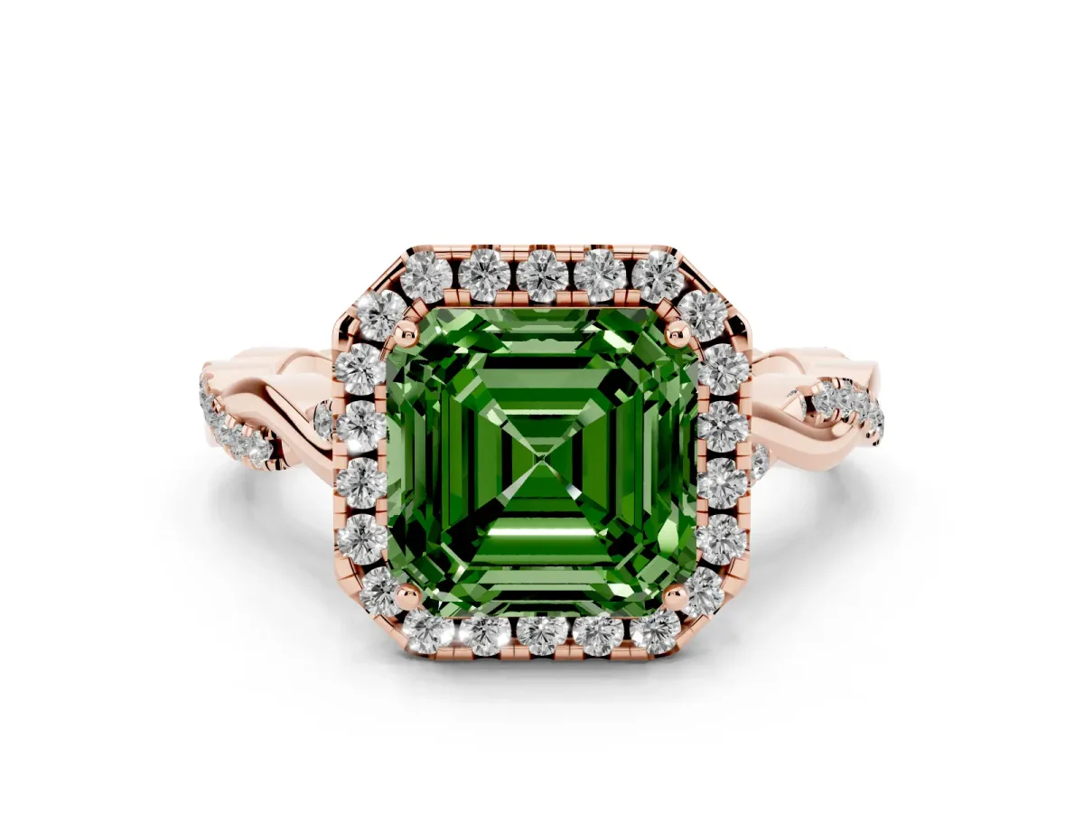 Fancy Green Asscher Cut Halo Twist Band Solitaire Ring Rose gold